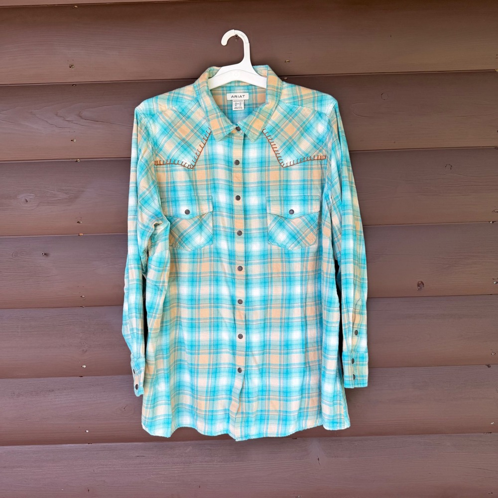 Ariat Western Plaid Button Down Shirt  2X Turquoise Tan Whipstitch Yoke